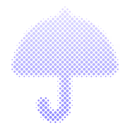 Blue dotted umbrella icon with a curved handle on a white background.