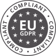 Circular EU GDPR compliant certification seal with stars around inner and outer edges.