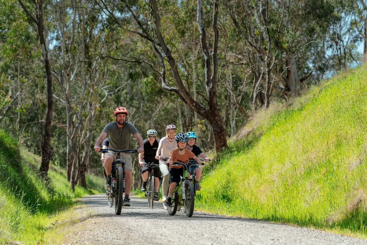 Biker family on a trail