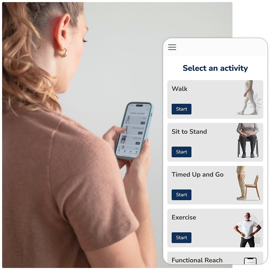 A woman holding a smartphone and a screenshot of OneStep's measurements page.