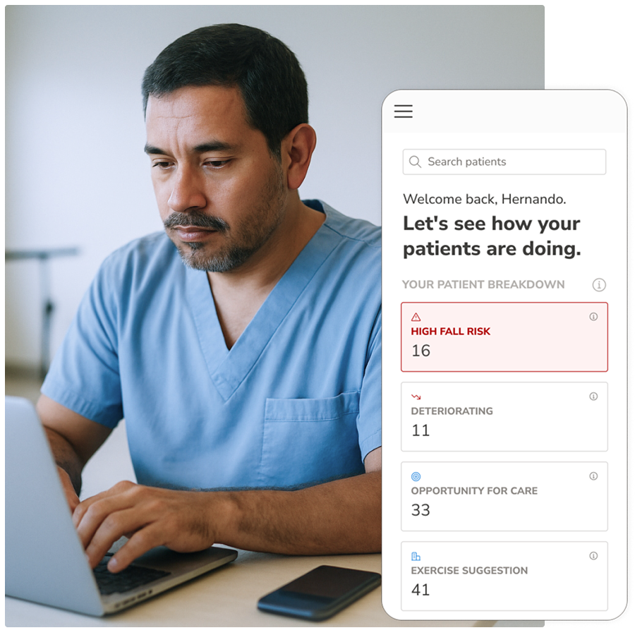 A clinician looking at his computer, and a smartphone screenshot of the OneStep's clinician portal.