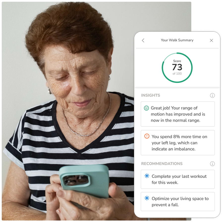An older woman holding a phone, and a screenshot of OneStep's measurement summary.