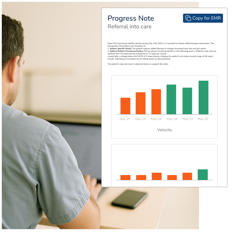 a clinician in front of a computer and a screenshot of a PDF progress note