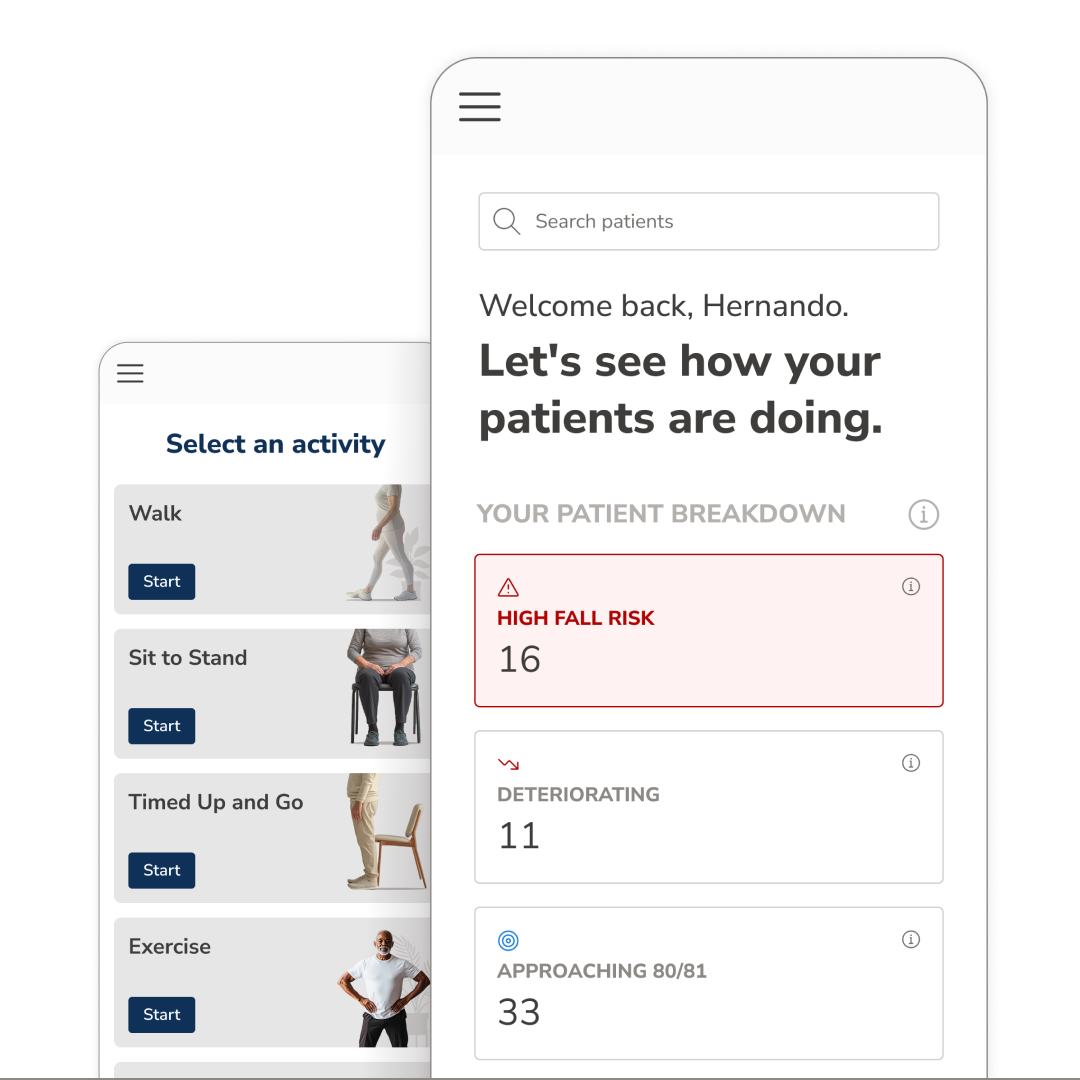 Two screenshots of the OneStep app. One with measurements and one with patient insights.