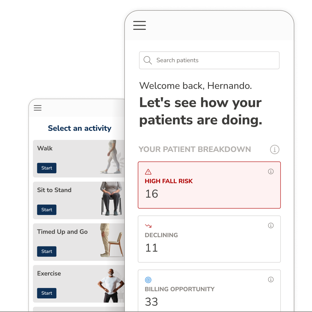 Two smartphones with screenshots of OneStep's measurement screen and OneStep's patient overview screen.