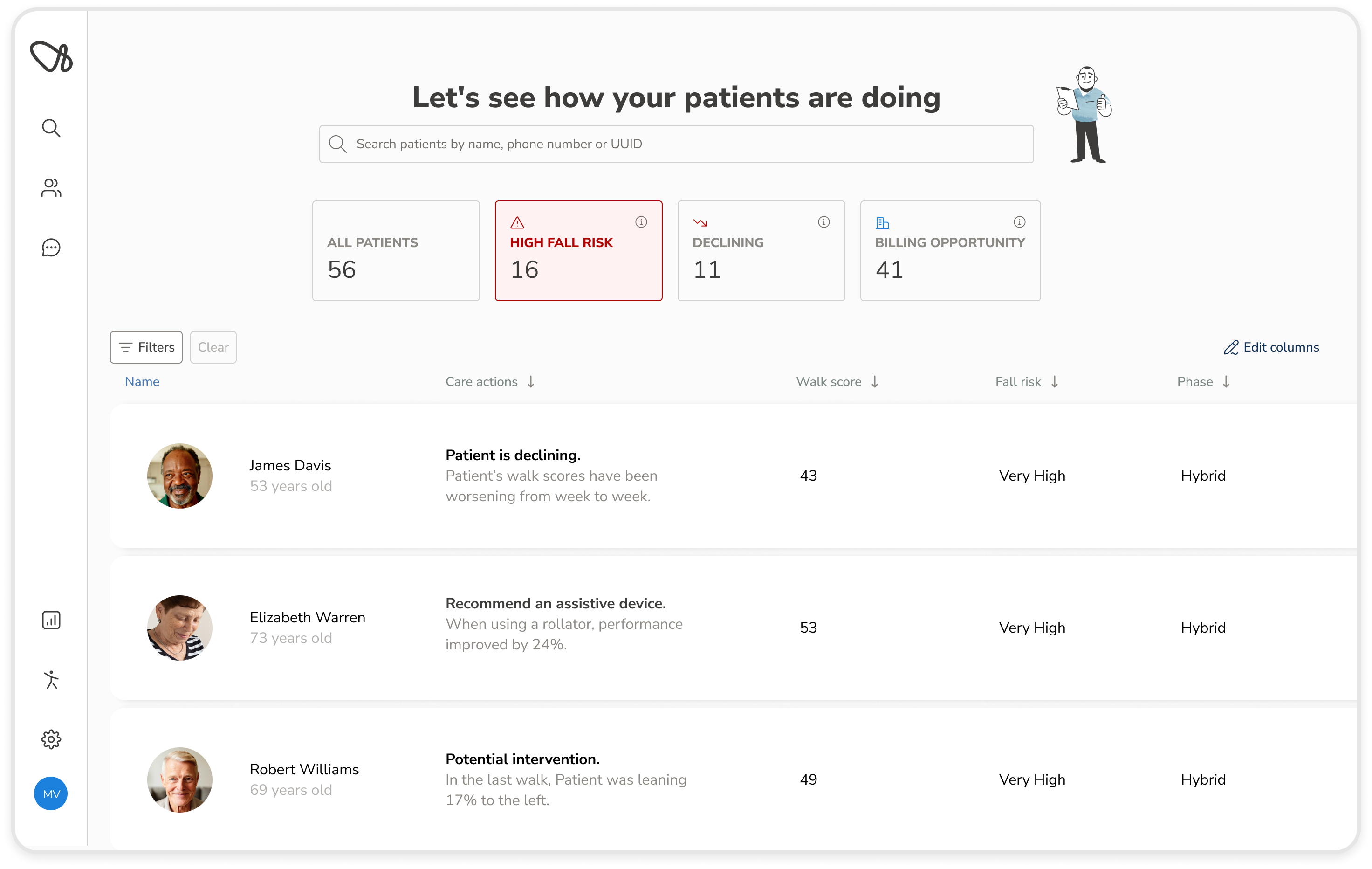 A screenshot of OneStep's web dashboard, showing a list of patients and their clinical insights.