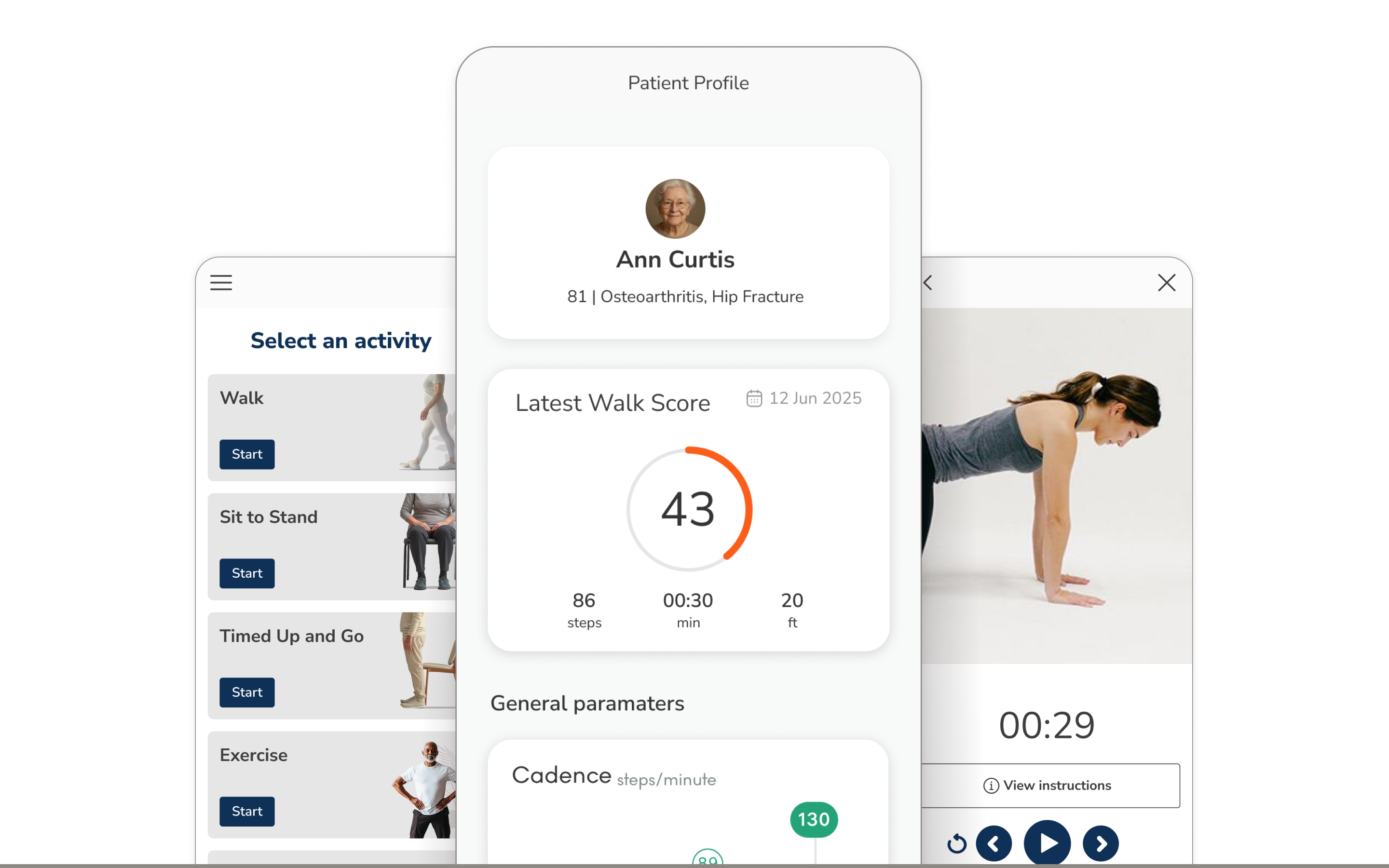 Three screenshots showing OneStep's measurement screen, OneStep's walk summary screen, and OneStep's Home exercise program.