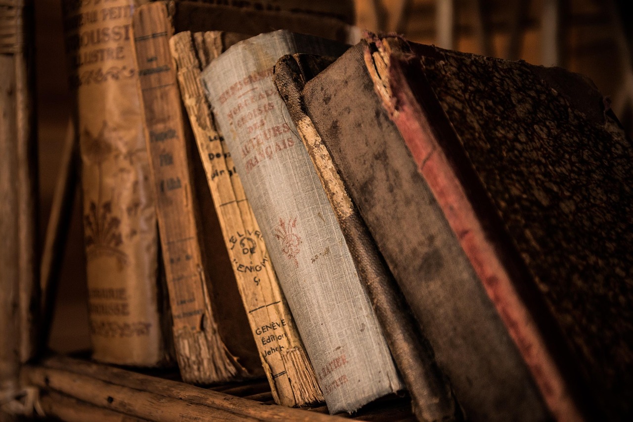 A row of old, well-worn books with aged covers and spines on a wooden shelf