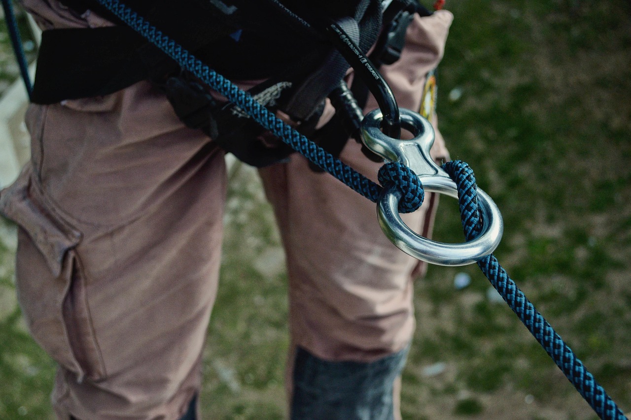 A close-up of climbing ropes and safety equipment attached to a harness.