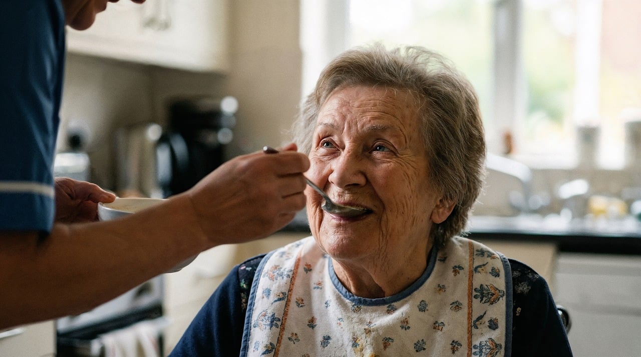 A carer helping an older woman eat, representing care, attention and one person looking after another