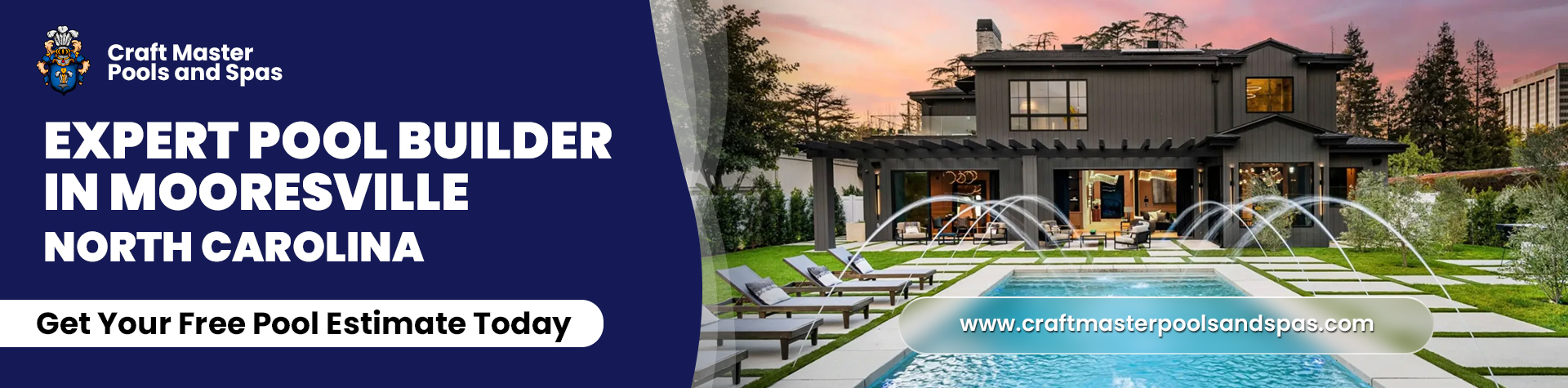 A featured banner for Craft Master Pools and Spas, an expert pool builder in Mooresville, North Carolina. It shows a large, luxurious home with a custom-built pool and water fountains in the backyard.