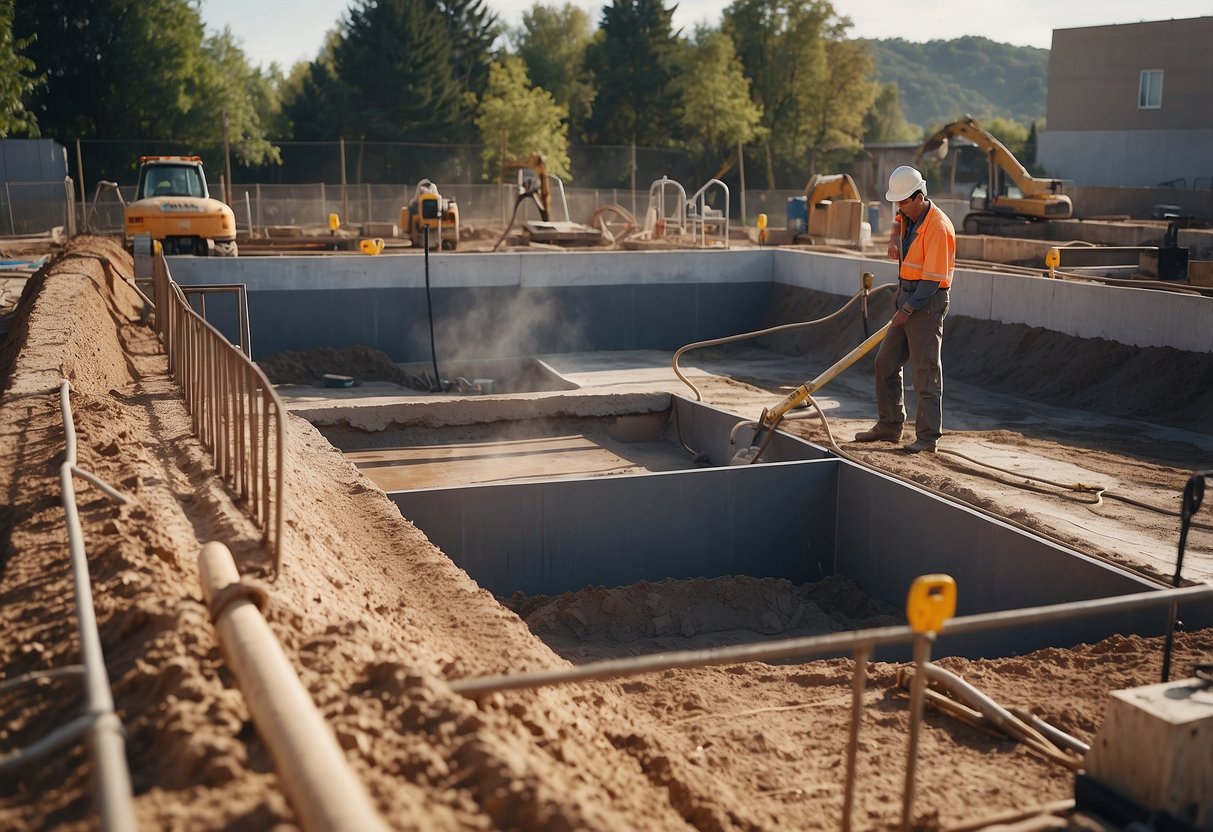 A construction worker in a hard hat and safety vest uses equipment to smooth the base of a large, excavated area for a new inground pool project, showcasing expert Mooresville Inground Pool Construction Services by Craft Master Pools and Spas. Construction equipment is visible in the background.