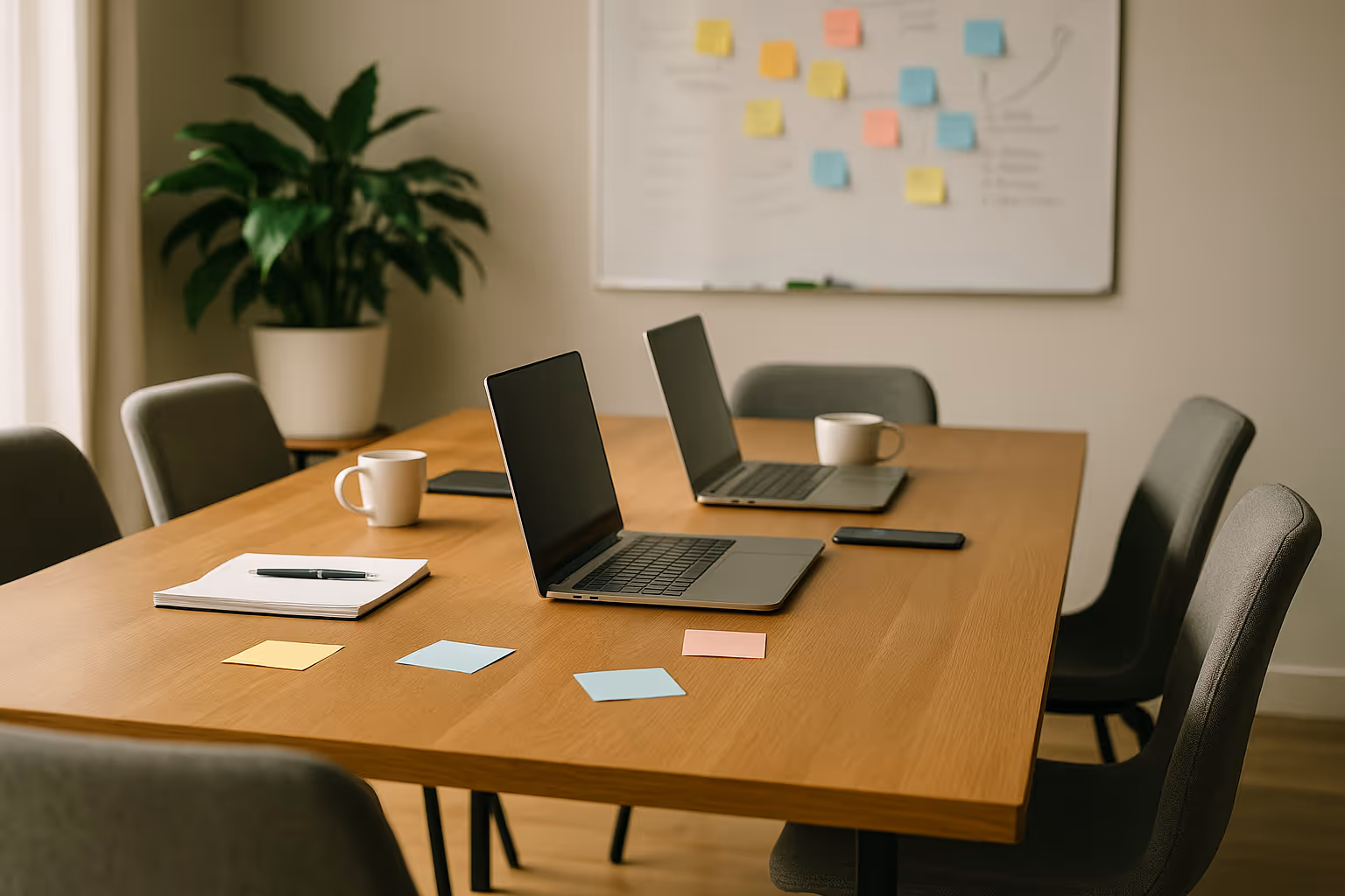 Moderner Meetingraum mit Pflanzen und Whiteboard – Teamwork und Kreativität bei Bytegrow