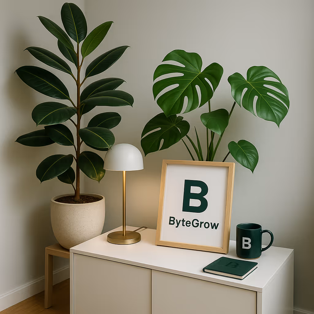 Empfangsbereich mit Bytegrow-Logo und Pflanzen – modernes Agenturdesign