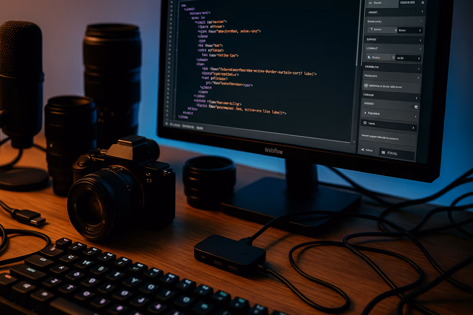 Studio-Setup mit Monitoren, Mikrofon und Kamera – digitale Produktion bei Bytegrow