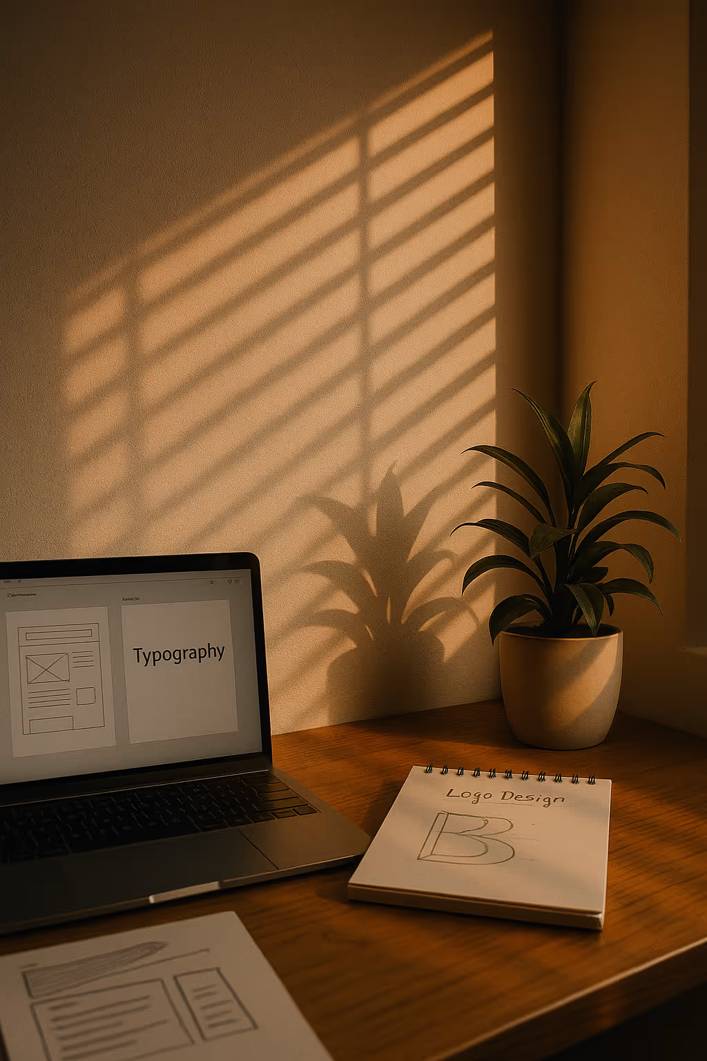 Minimalistischer Arbeitsplatz mit Laptop und Zimmerpflanze – Fokus auf Klarheit im UI Design