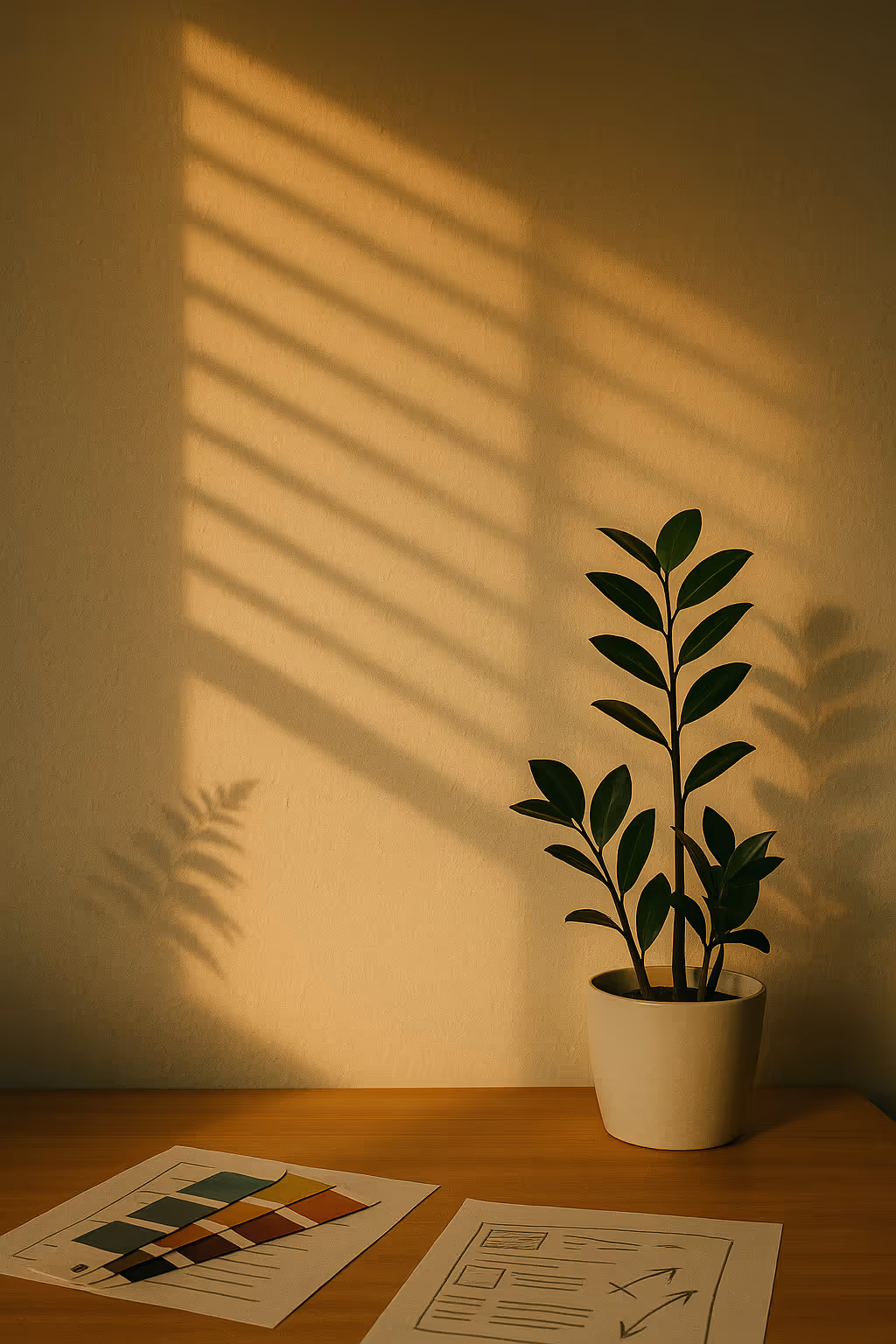 Sonnenstrahlen auf Wand mit Pflanze – ruhige Büroatmosphäre bei Bytegrow