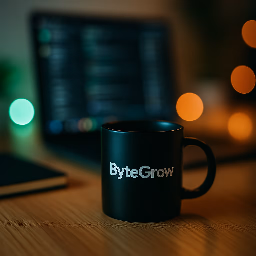 Bytegrow-Tasse und Laptop auf Holzschreibtisch – Branding im digitalen Workspace