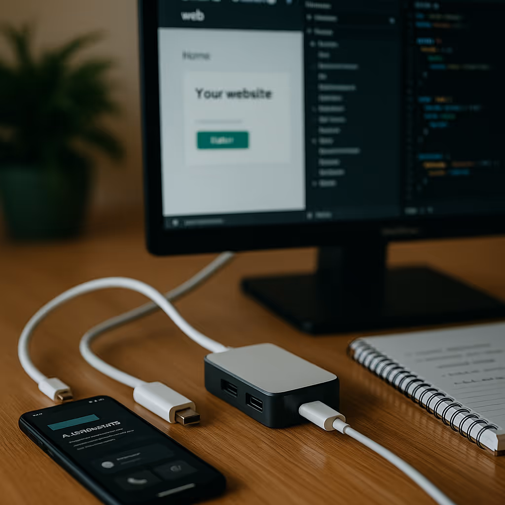 Smartphone mit Login-Interface und Ladekabel – Darstellung moderner App-Entwicklung bei Bytegrow