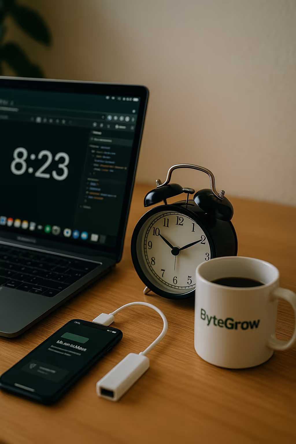 Nahaufnahme mit Uhr, Kamera und Smartphone auf Schreibtisch – Technik-Setup für kreative Projekte