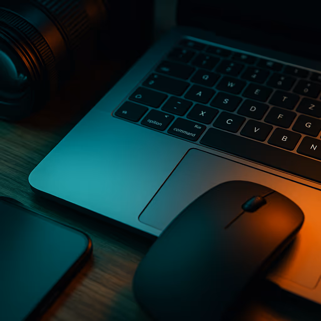 Laptop mit Mauspad und Smartphone auf dunklem Schreibtisch – moderner Arbeitsplatz eines UI/UX Designers