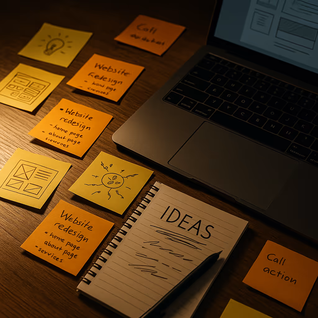 Notizzettel mit Ideen und Stift auf Holzschreibtisch – kreative Konzeptphase bei Bytegrow Webdesign-Agentur