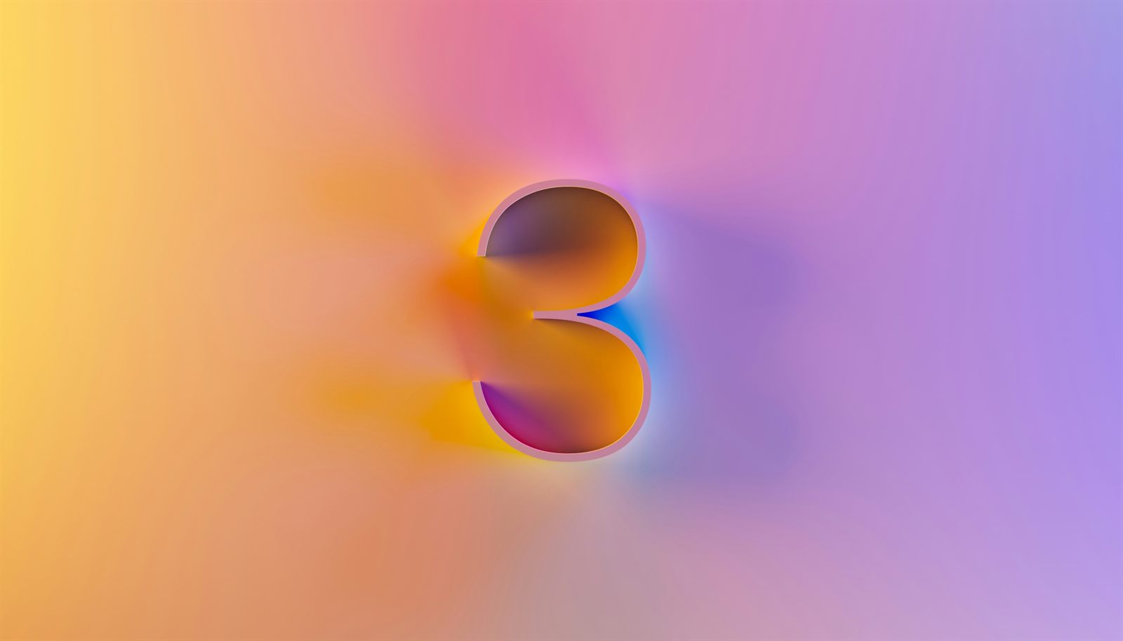 Chiffre 3 stylisé en trois dimensions sur un dégradé de couleurs orange, rose et violet