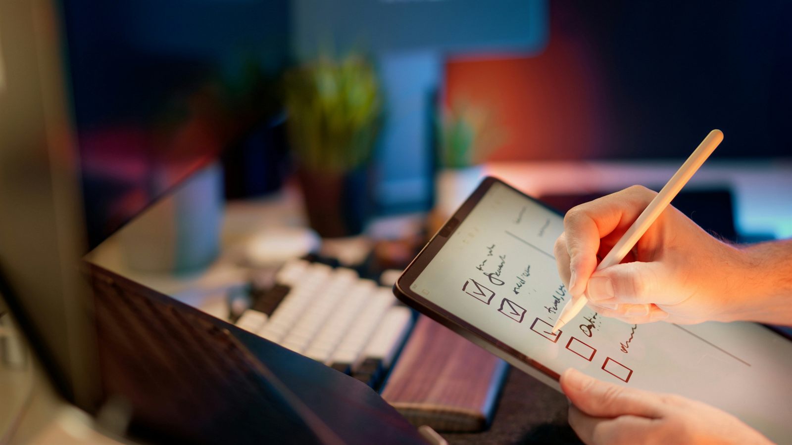 Main cochant une liste de cases sur une tablette avec un stylet, sur un bureau