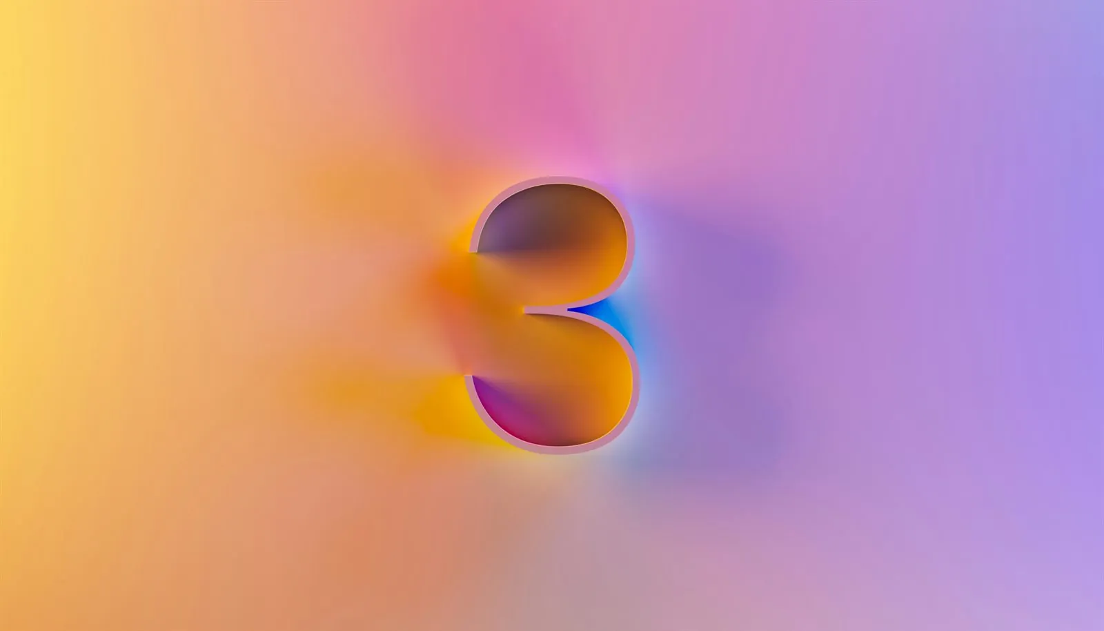Chiffre 3 stylisé en trois dimensions sur un dégradé de couleurs orange, rose et violet