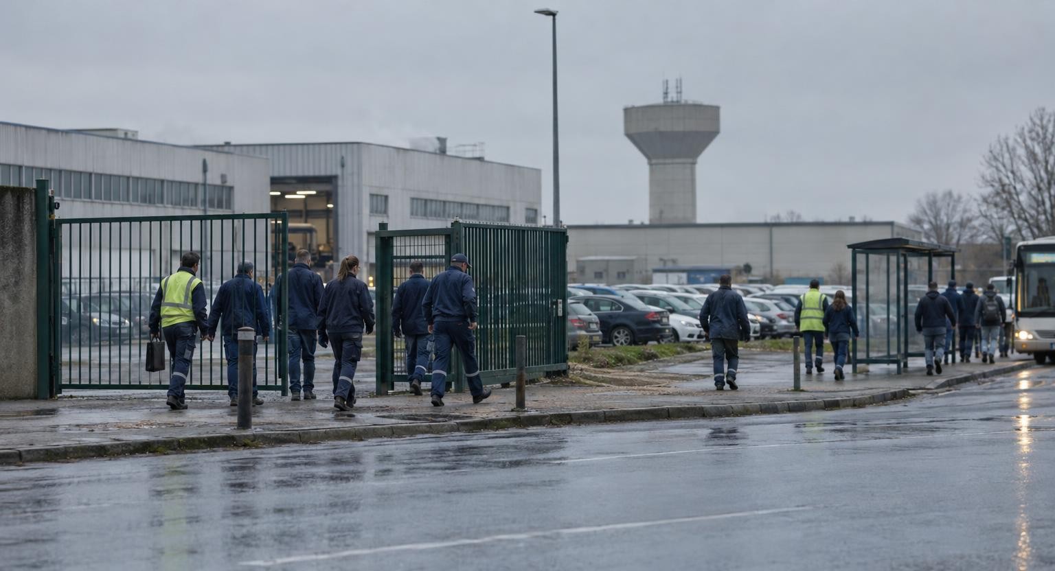 Des personnes en vêtements de travail sortent par le portail d’un site industriel en fin de journée, sous un ciel gris.