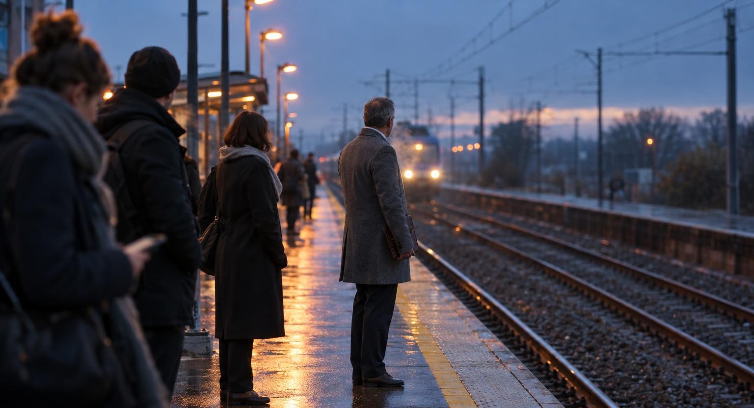 Un homme en manteau gris se tient un peu à l'écart sur un quai de gare au petit matin, le regard vers la voie.