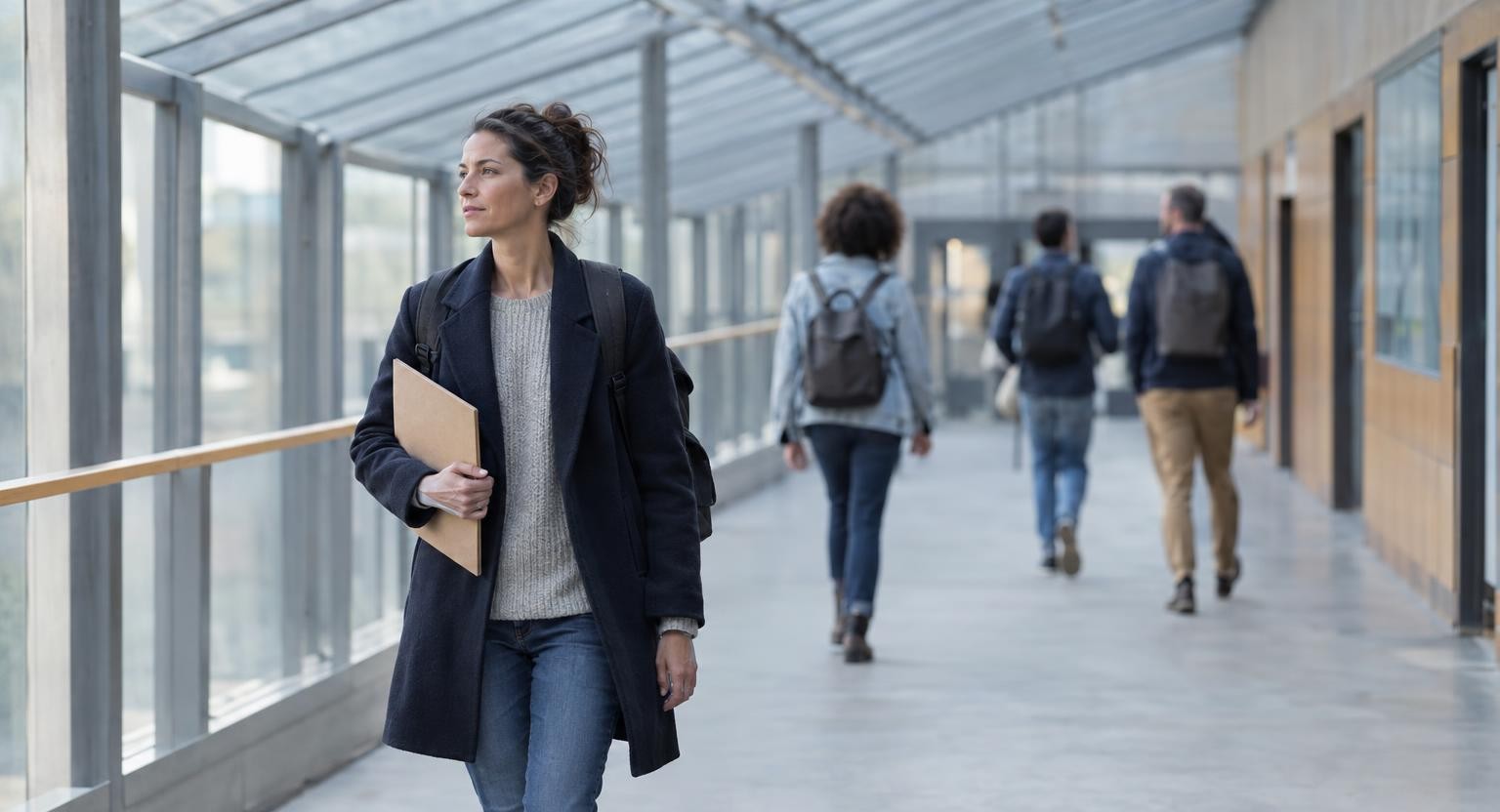 Une femme avec un sac à dos et une chemise cartonnée marche sous une allée vitrée d'un campus de formation.