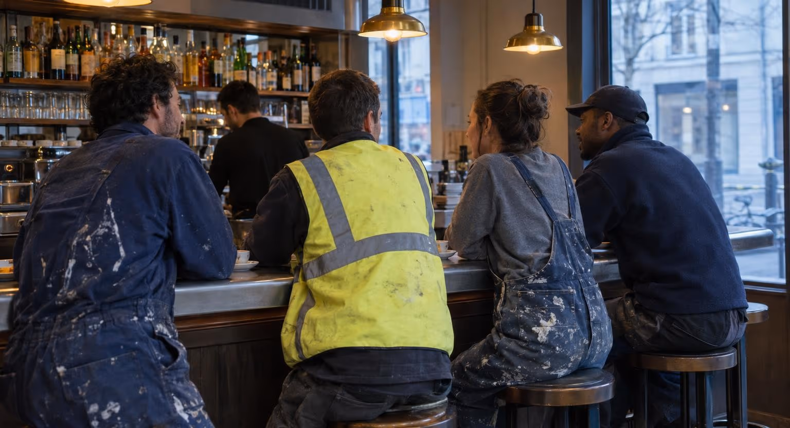 Quatre personnes en vêtements de travail sont debout côte à côte au comptoir en zinc d'un café, de petites tasses devant elles.