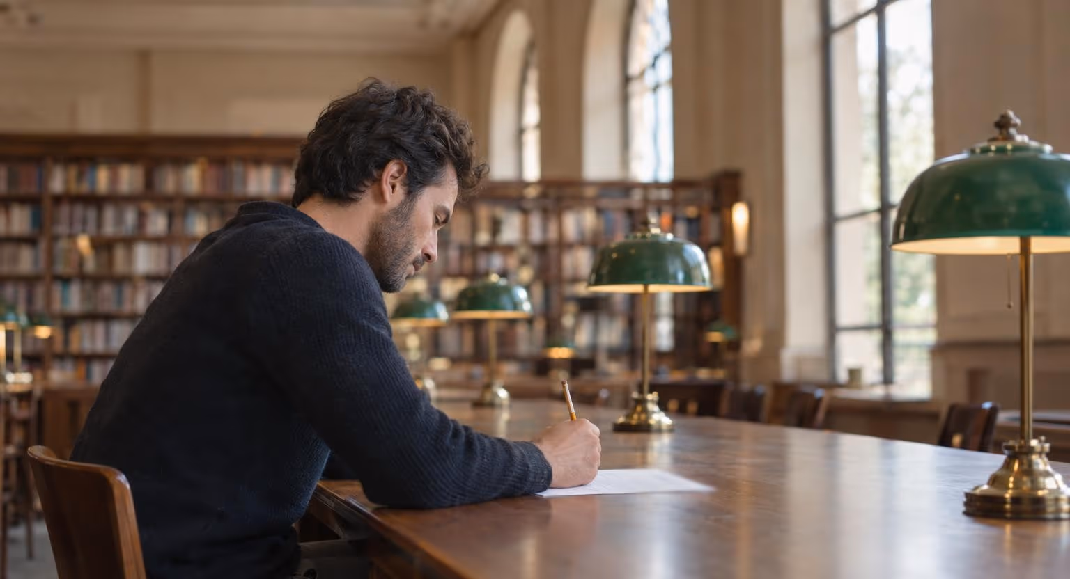 Un homme, de profil, remplit un questionnaire au crayon, seul à une longue table de salle de lecture d'une bibliothèque