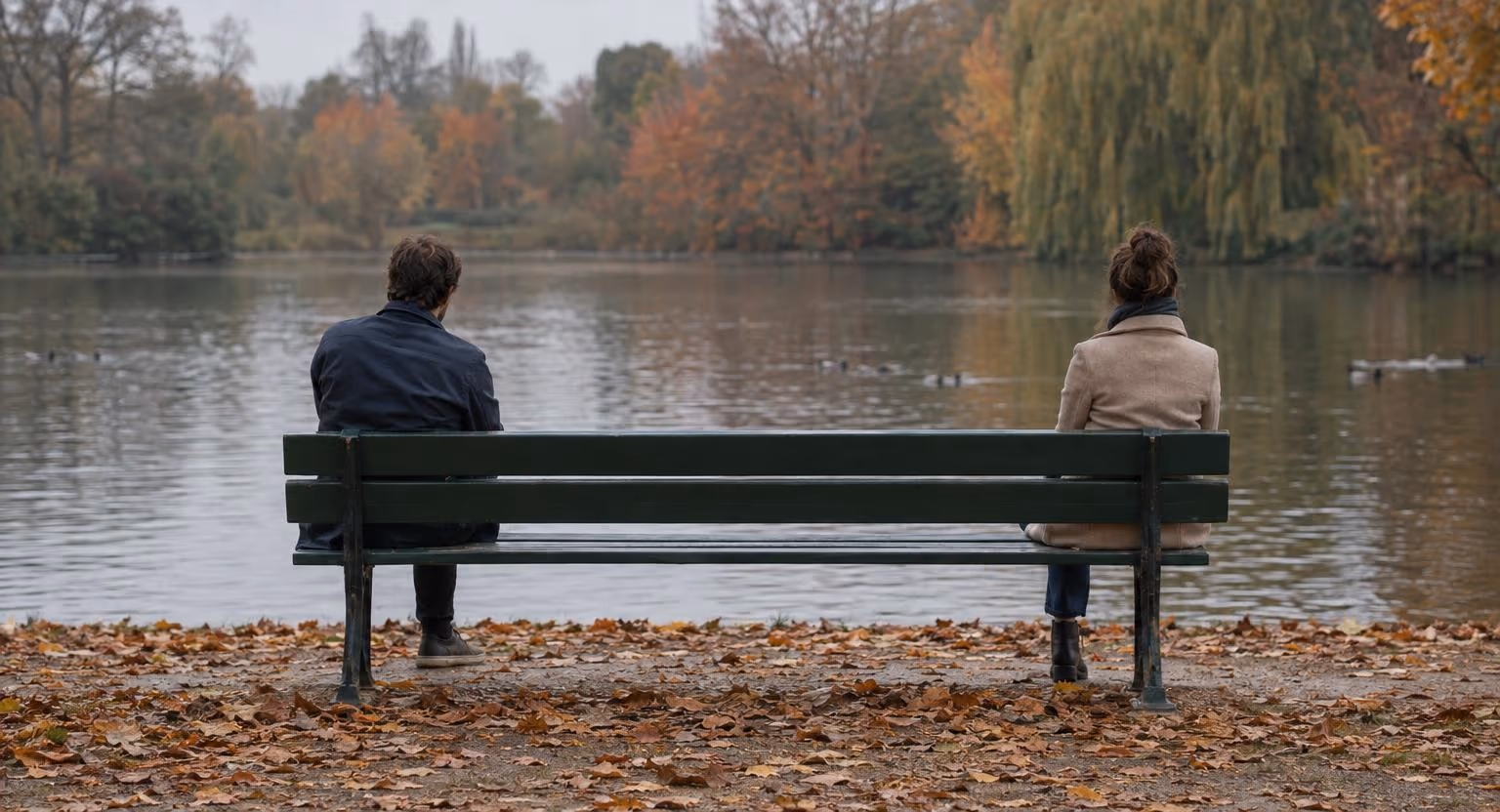 Deux personnes assises aux deux bouts d'un long banc regardent un étang dans un parc en automne, vues de dos et de loin