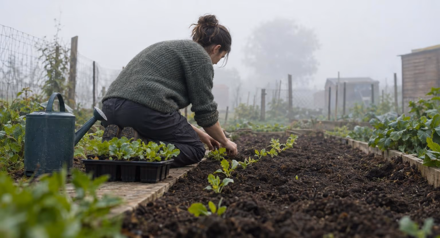 Une femme agenouillée sur une planche repique de jeunes plants un à un dans un jardin partagé, un plateau de semis et un arrosoir à côté d'elle