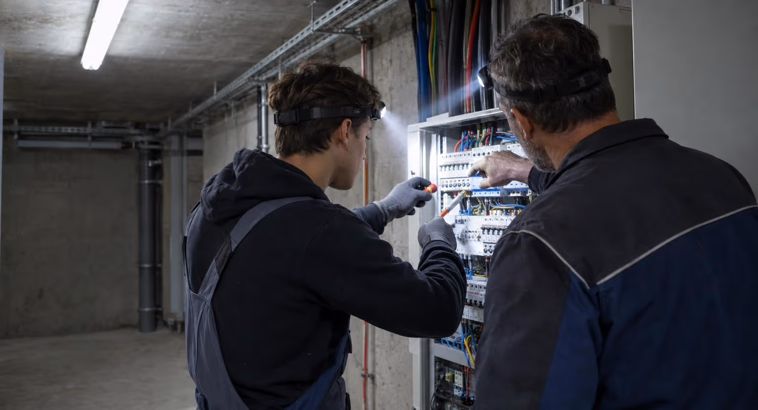 Un apprenti électricien et un électricien plus âgé travaillent ensemble sur un tableau électrique ouvert dans un local technique, lampes frontales allumées