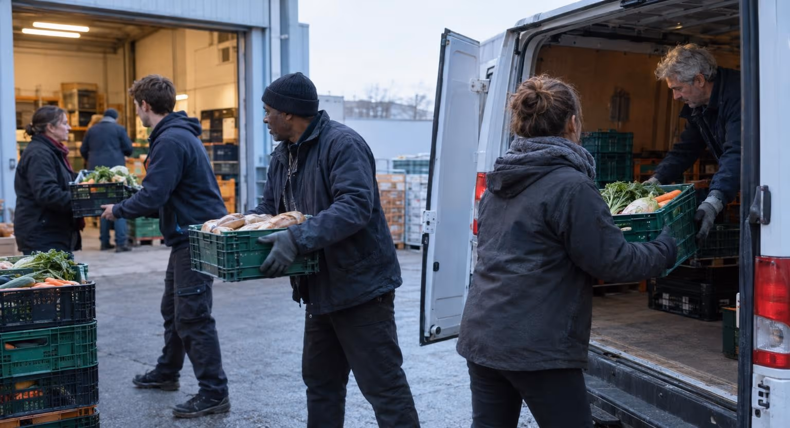 Dans une cour au petit matin, des bénévoles se passent de main en main des cagettes de légumes et de pain pour les charger dans une camionnette blanche