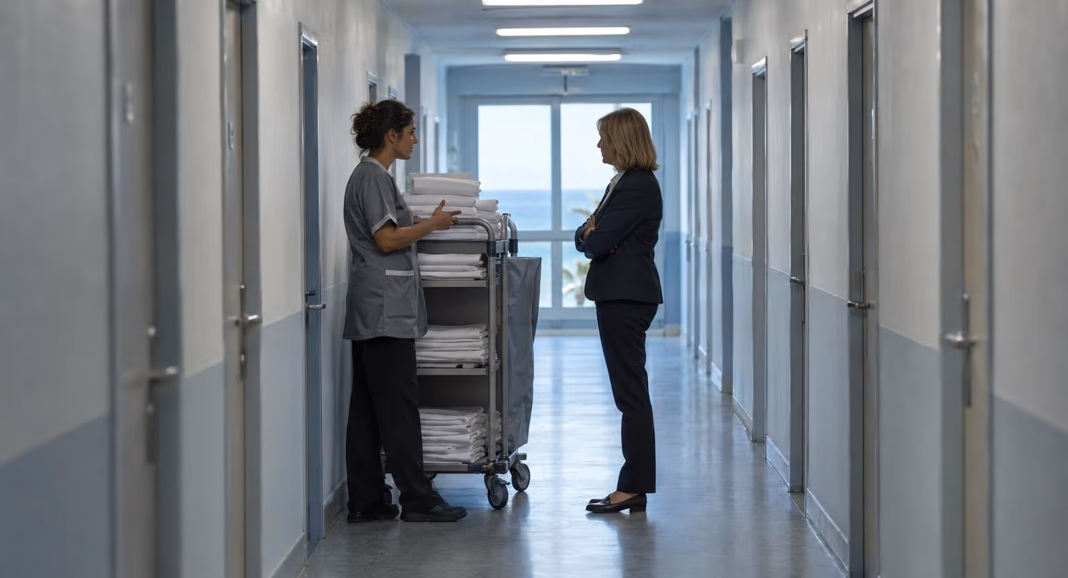 Dans un long couloir de service, une femme en tunique grise parle avec une femme en tailleur sombre, à côté d’un chariot chargé de draps blancs pliés.