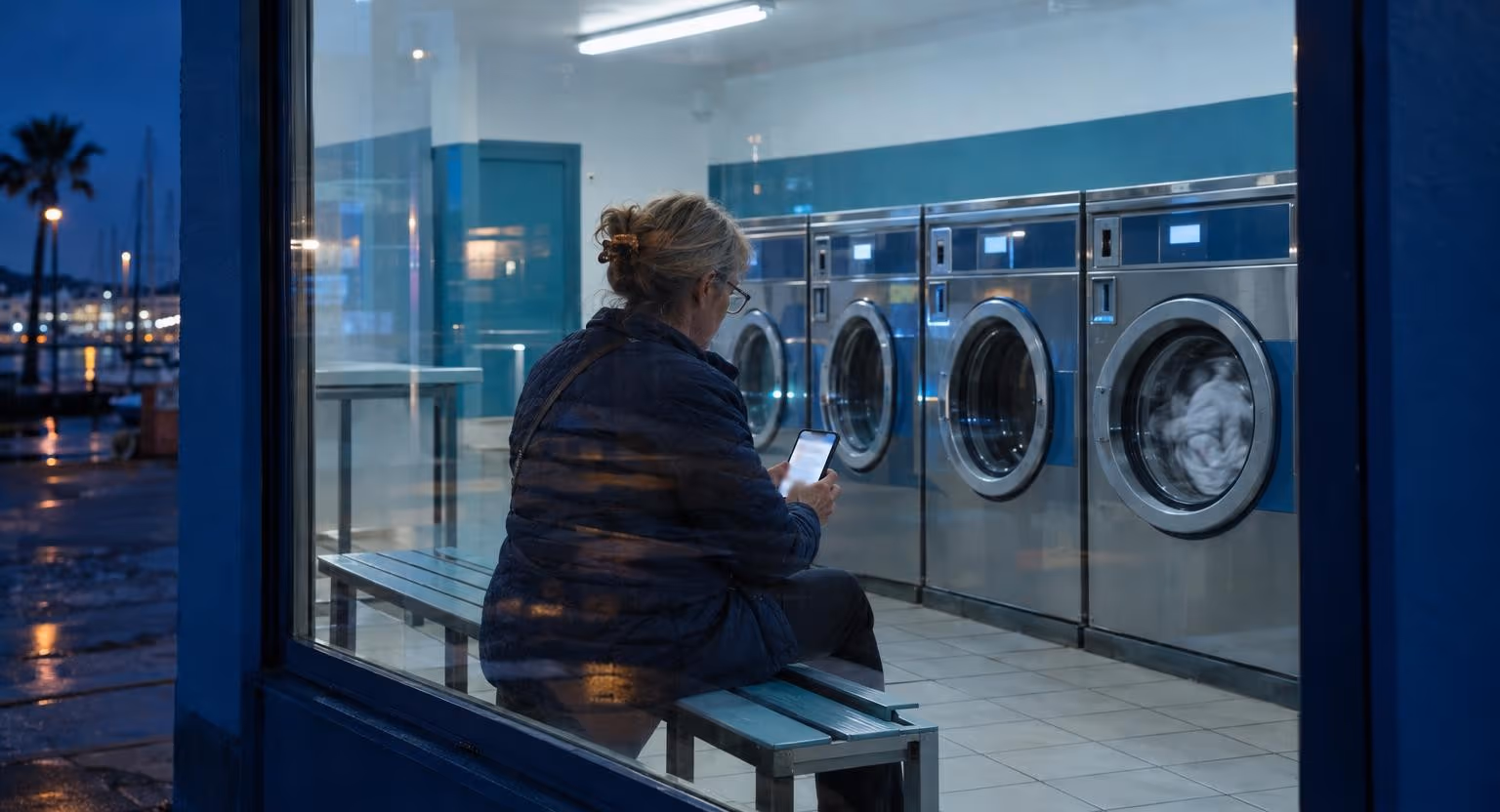 Le soir, dans une laverie éclairée au néon, une femme à lunettes assise sur un banc regarde son téléphone, face à une rangée de machines à laver.