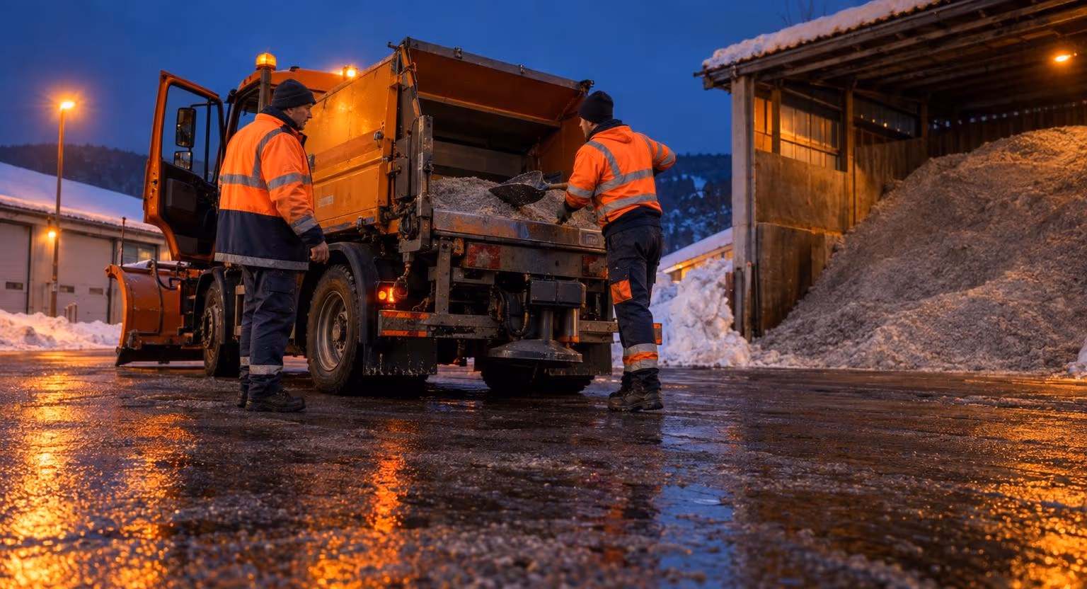 Avant l’aube, dans une cour enneigée, un homme en gilet orange parle près d’un camion de salage avec un homme plus jeune qui range une pelle à l’arrière.