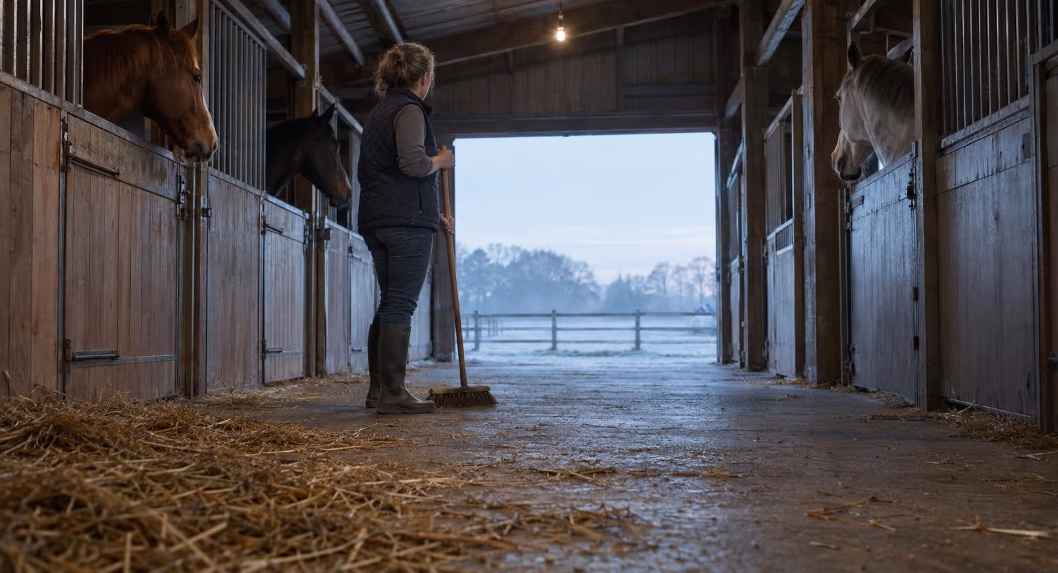 À l’aube, dans l’allée d’une écurie, une femme appuyée sur son balai regarde dehors vers un pré givré, tandis que des chevaux passent la tête par leurs portes.