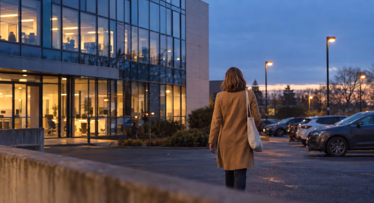 À la tombée du jour, une femme en manteau camel s’éloigne d’un immeuble de bureaux éclairé, un sac en toile sur l’épaule.