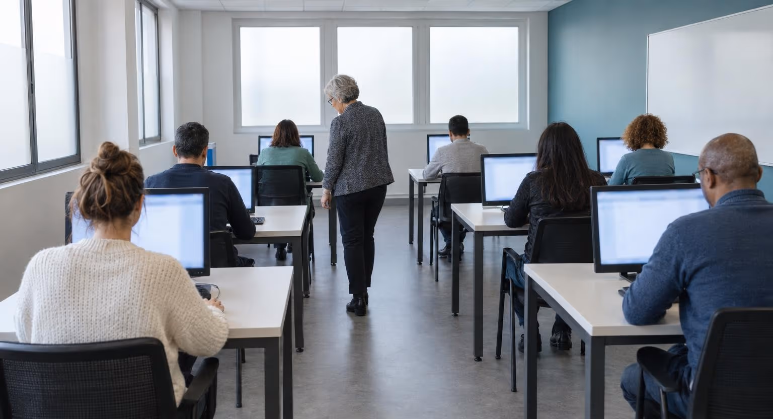 Dans une salle d’examen, huit adultes assis à des tables séparées travaillent face à un écran, pendant qu’une femme âgée marche entre les rangs.