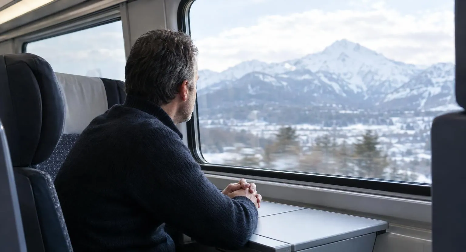 Dans un train, un homme en pull sombre, les mains jointes sur la tablette, regarde par la vitre des montagnes enneigées.
