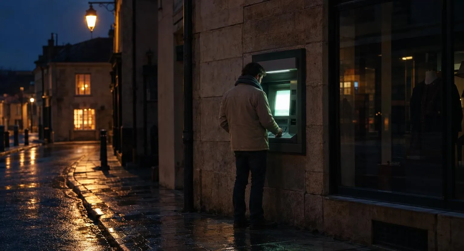 La nuit, un homme en écharpe, de dos, se tient devant un distributeur de billets encastré dans un mur de pierre ; l'écran forme un rectangle vert lumineux.