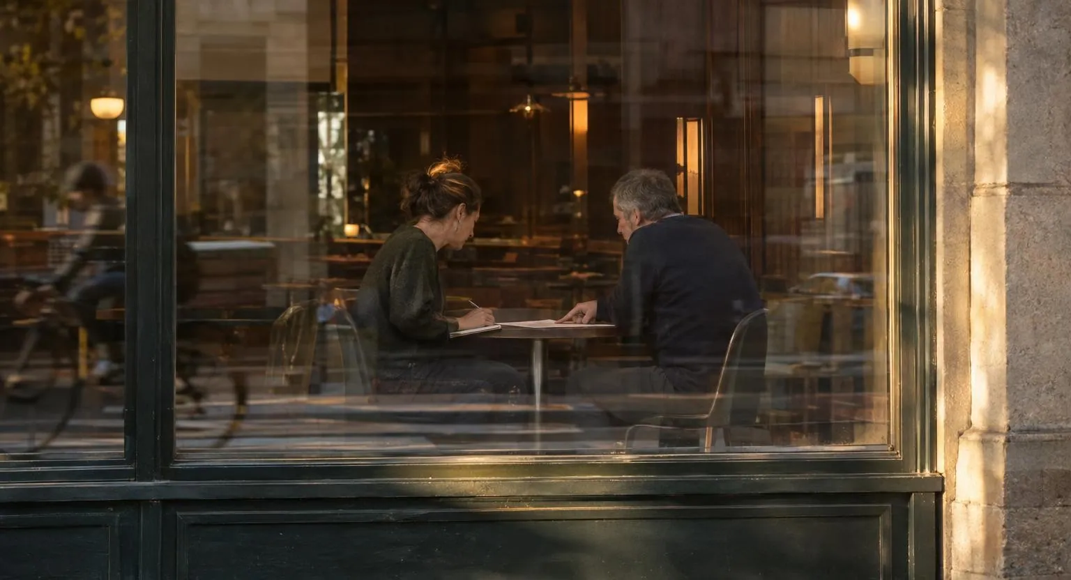 Vue à travers la vitrine d’un café : un homme et une femme de profil, penchés sur une feuille, à une petite table ronde, des reflets de la rue sur le verre.