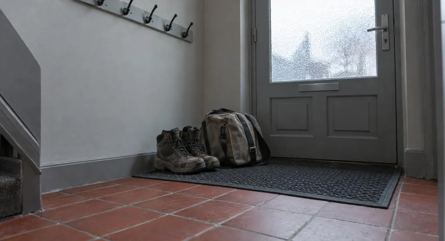 Des chaussures de sécurité et un sac en toile posés sur un tapis dans l’entrée d’une maison, près d’une porte vitrée, dans la lumière grise du matin.