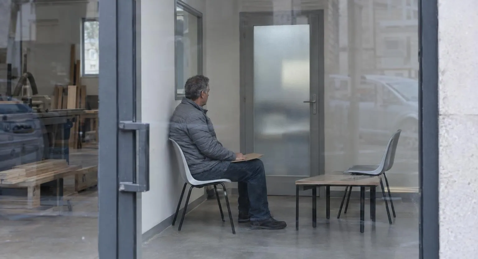 Vu à travers une porte vitrée, un homme assis de profil sur une chaise, une chemise cartonnée sur les genoux, fait face à une porte en verre dépoli.