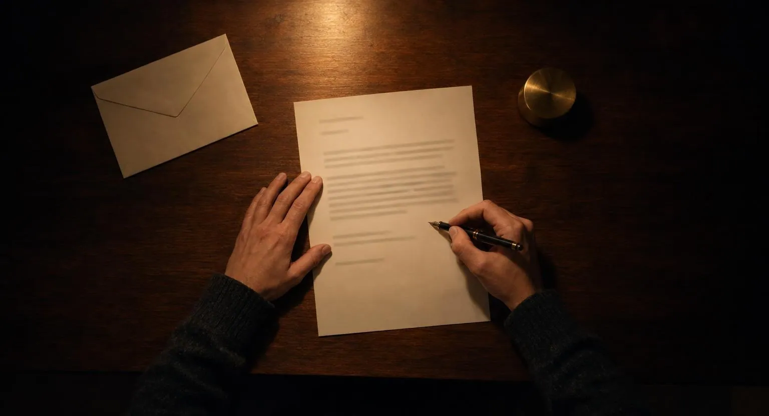Vue de dessus de mains au-dessus d’une feuille aux lignes floues, un stylo-plume et une enveloppe, sur une table en noyer sous une lampe.